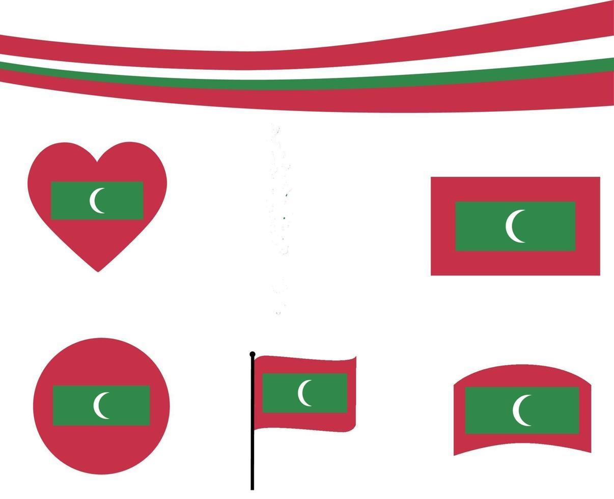 bandiera delle maldive mappa nastro e cuore icone vettoriali abstract