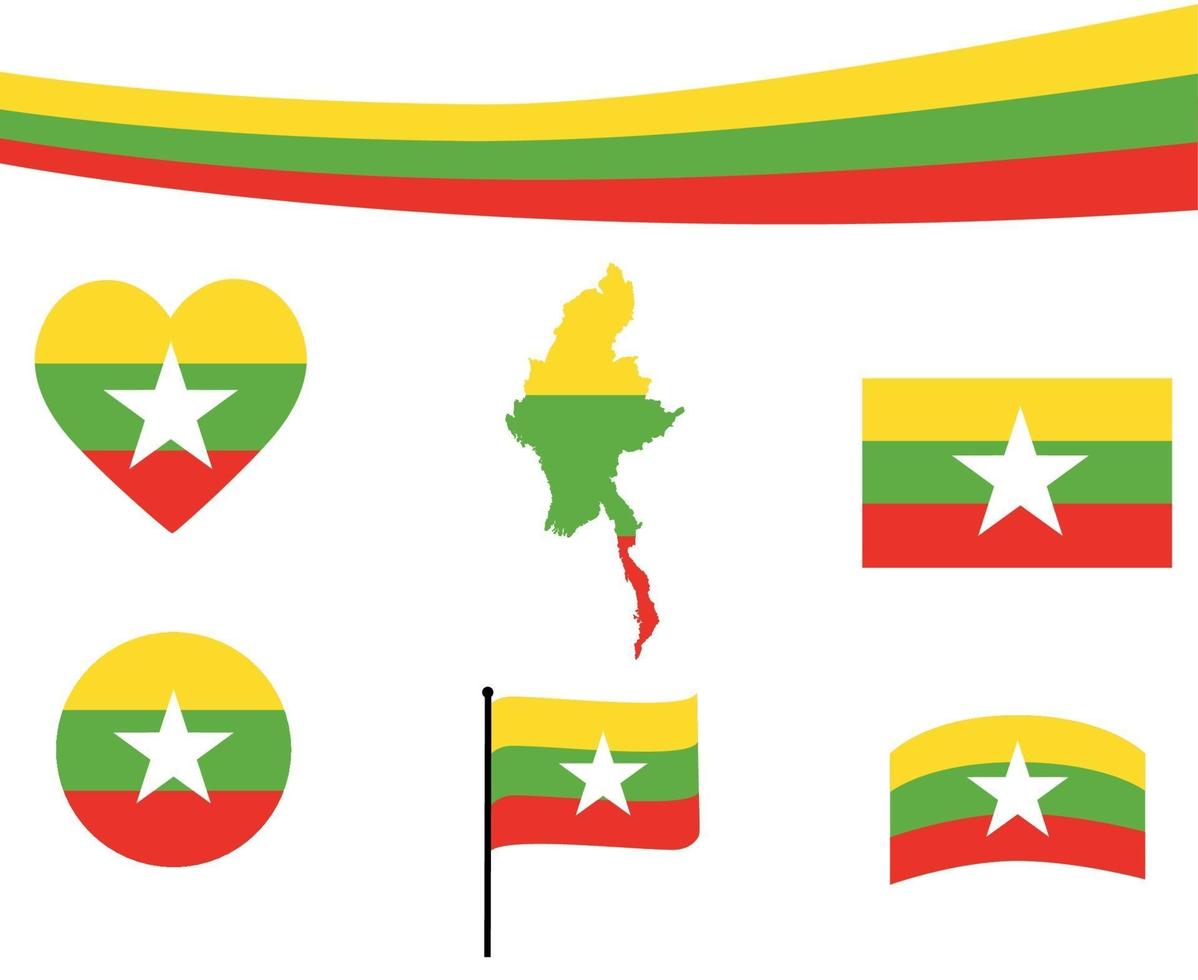 bandiera myanmar mappa nastro e cuore icone vector abstract