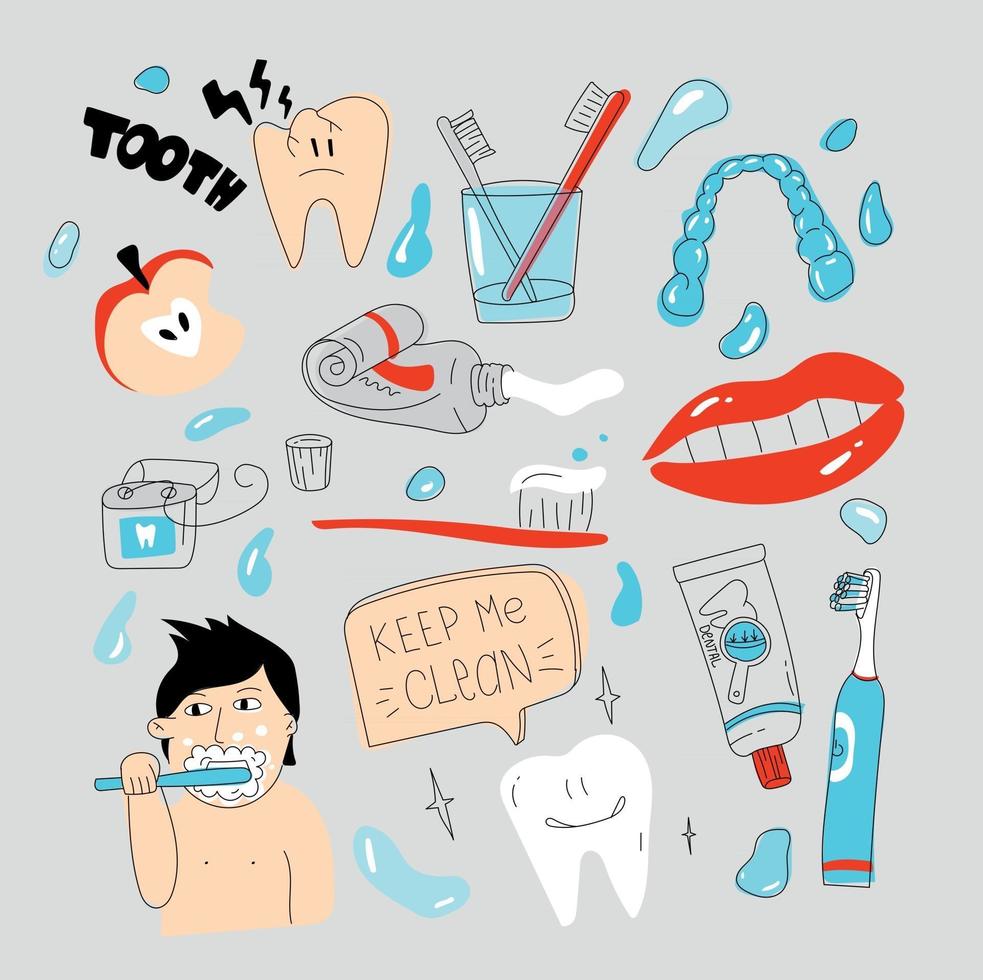 set di scarabocchi per cure odontoiatriche illustrazione semplice per la cura dei denti denti sani vettore