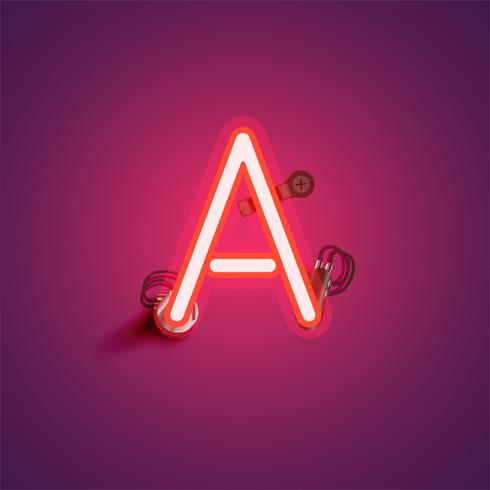 Carattere al neon realistico rosso con fili e console da un fontset, illustrazione vettoriale