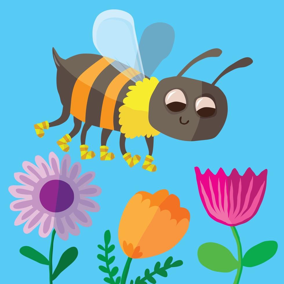 un'ape felice tra i fiori con i calzini a righe vettore