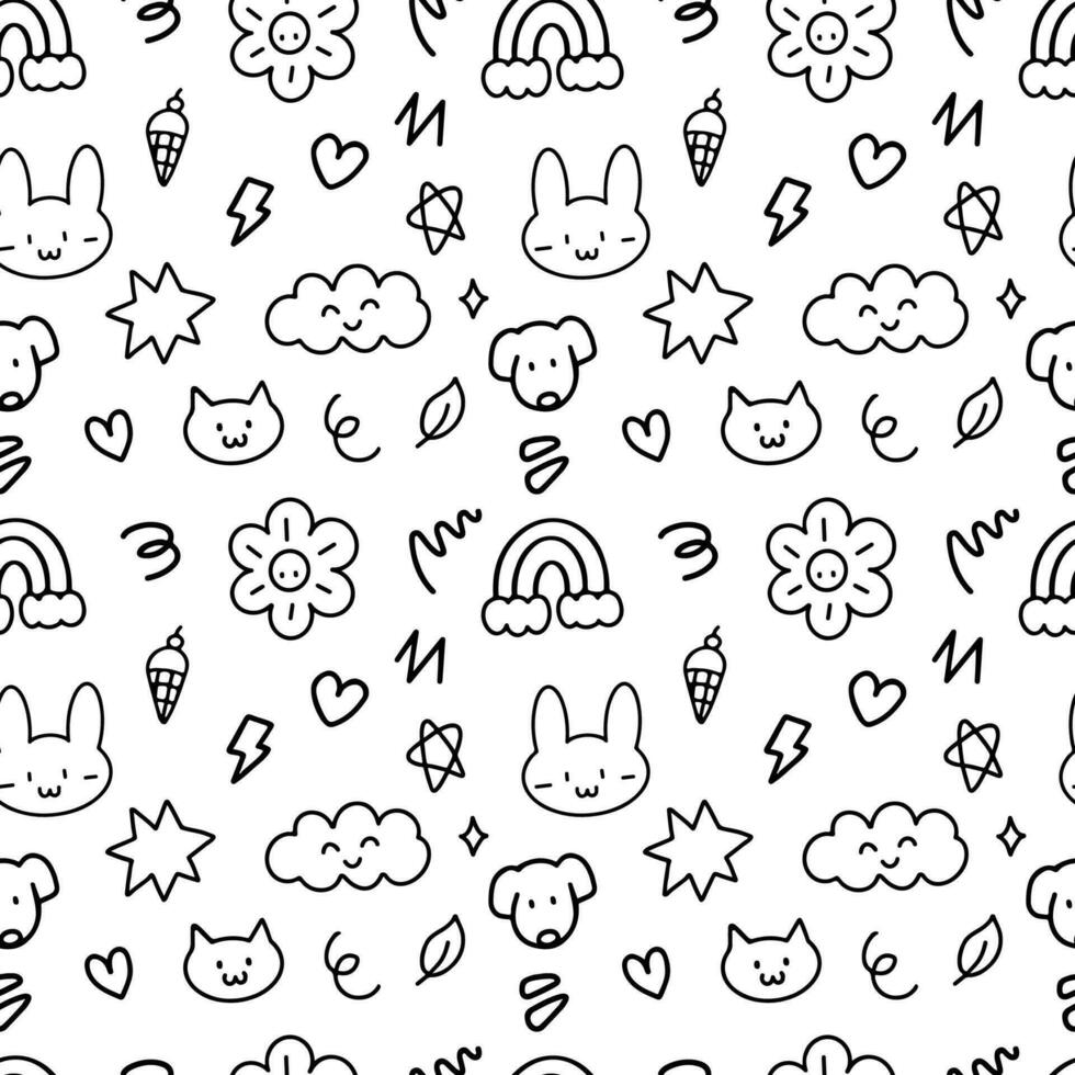 scarabocchio mano disegnato schema senza soluzione di continuità modello sfondo. gatto ,cane, nube, cuore, brillare, coniglio, fiore per avvolgere, sfondo vettore
