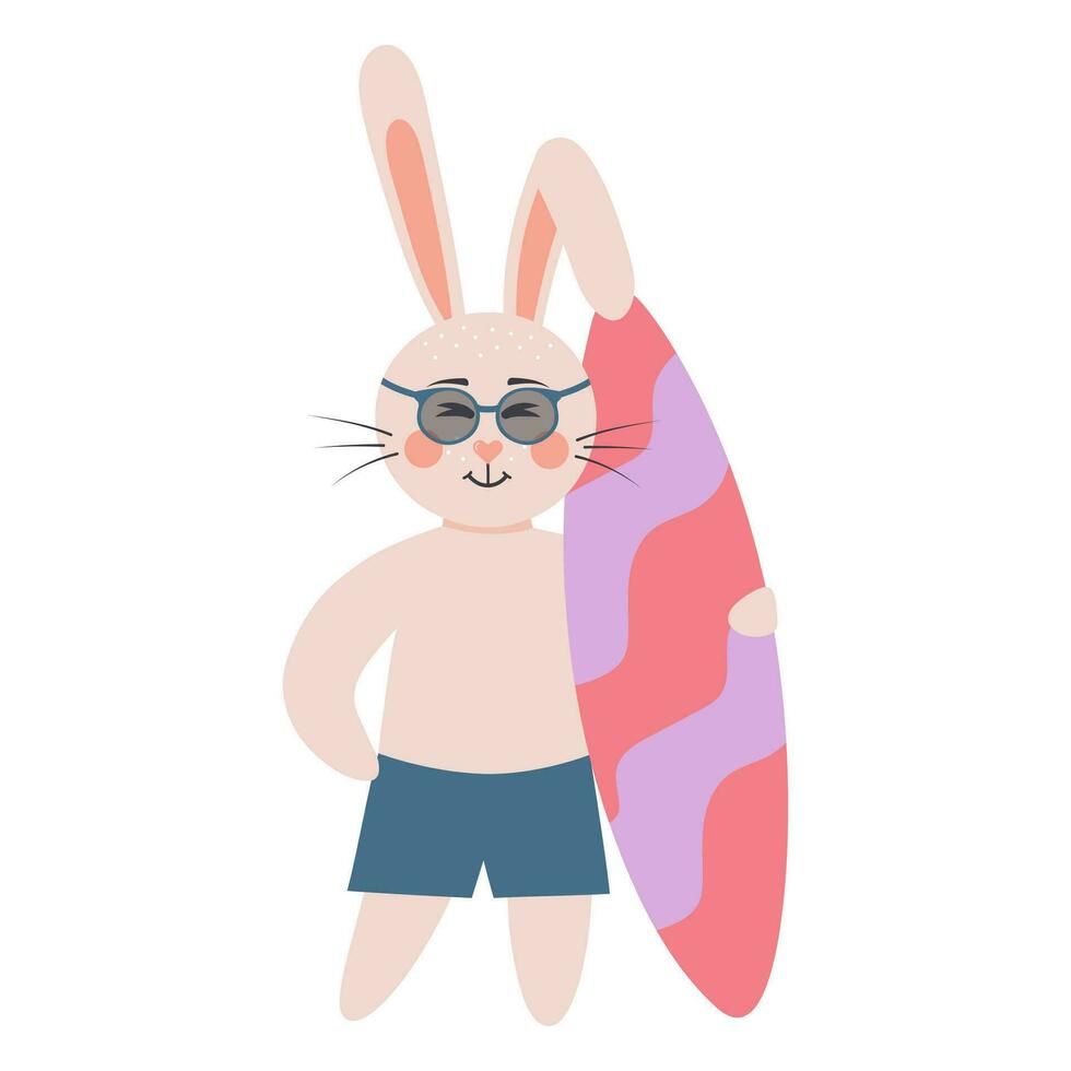 carino coniglio nel occhiali da sole con tavola da surf. coniglietto ragazzo su un' spiaggia vacanza. cartone animato foresta carattere. vettore
