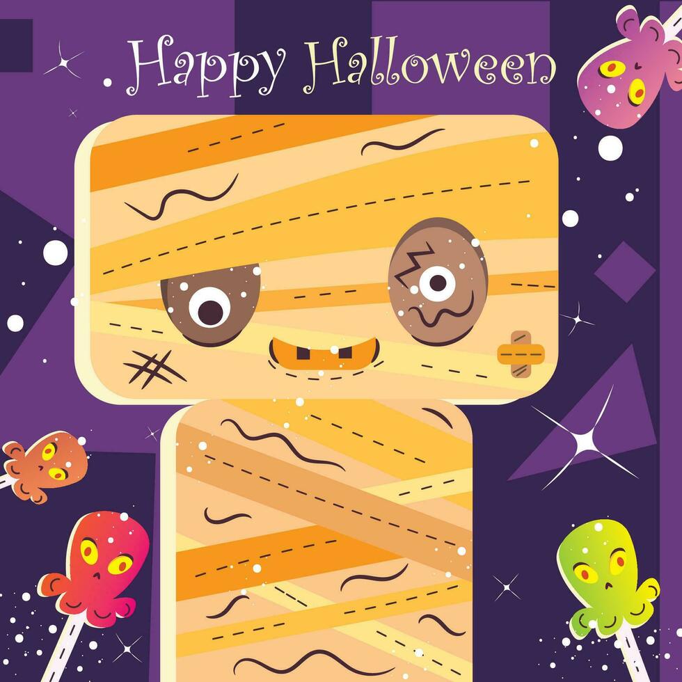 contento Halloween personaggio vestito come un' mummia con caramella vettore