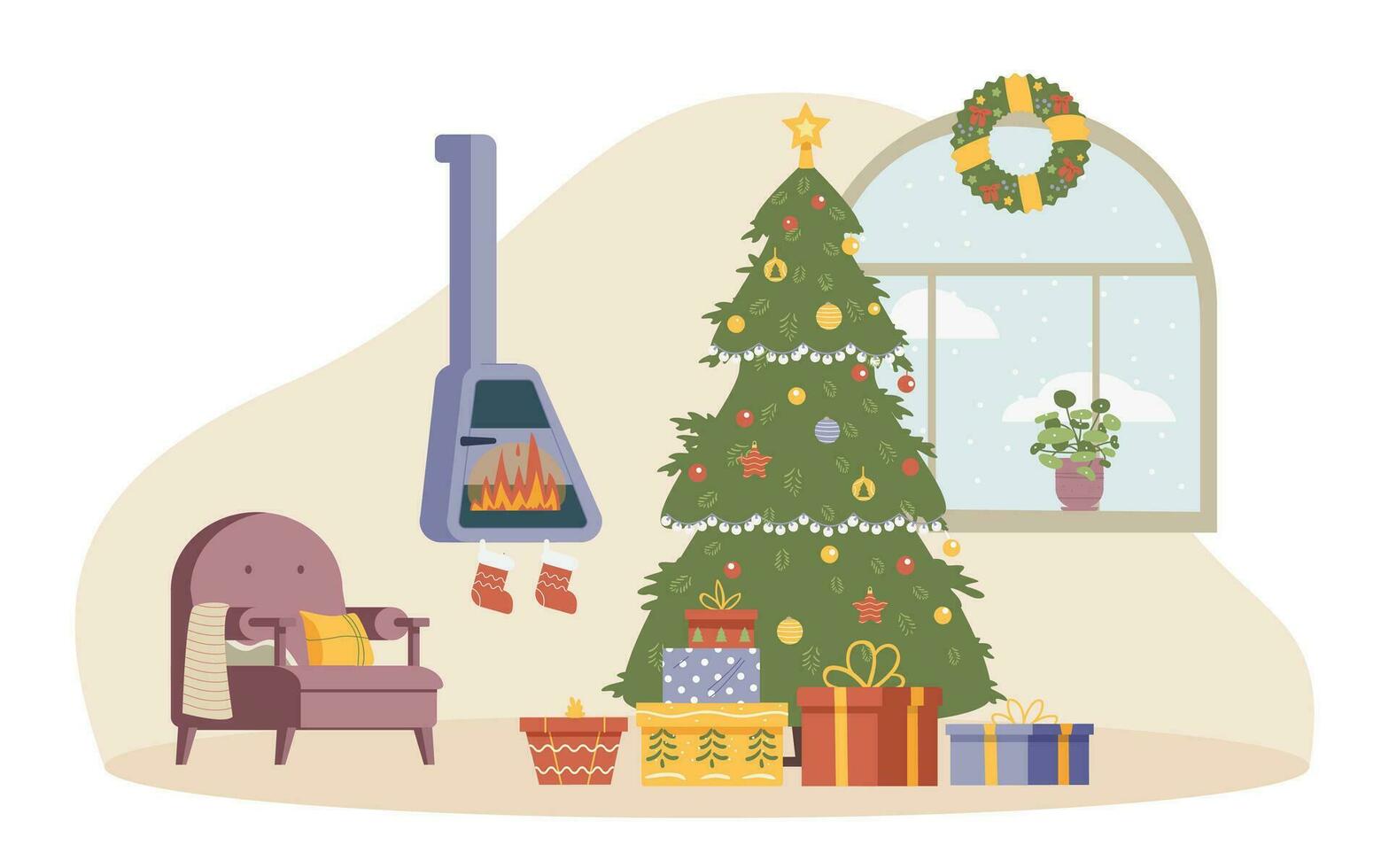 Natale mattina interno piatto vettore illustrazione. decorato Natale albero con presente scatole vicino camino con calze autoreggenti.