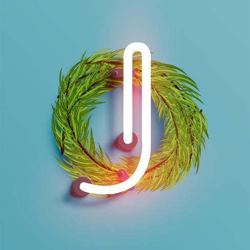 Carattere al neon da un fontset con pino decorazione di Natale, illustrazione vettoriale