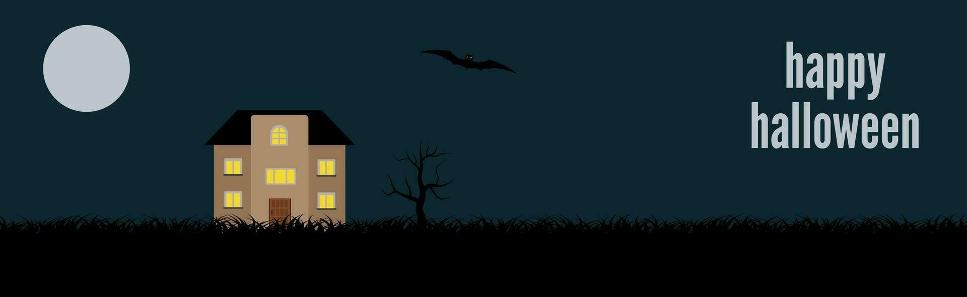 contento Halloween. festivo bandiera con un' solitario Casa su un' sfondo di il pieno Luna a notte. vettore illustrazione.