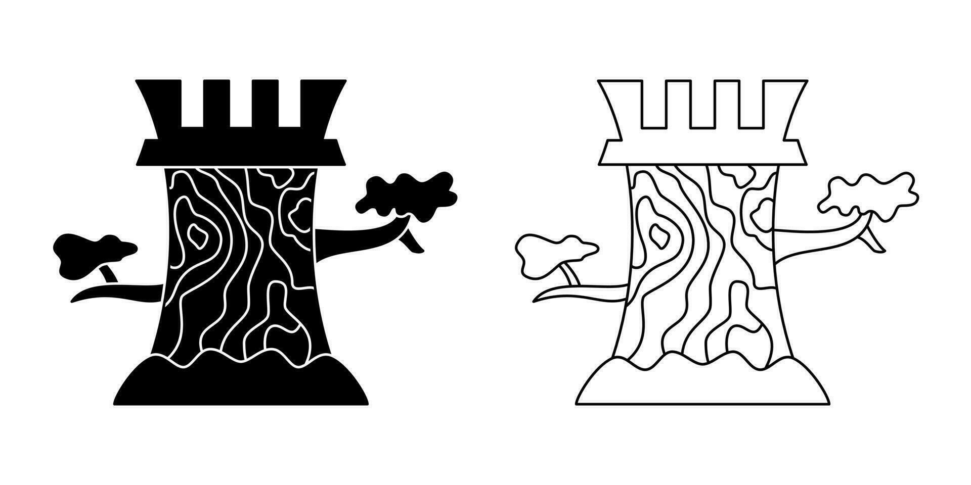albero Torre difesa vettore illustrazione. linea, silhouette, mano disegnato e schizzo stile. nero e bianca. Usato per loghi, icone, simboli, segni o stampe. modificabile ictus