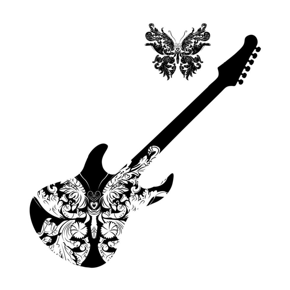 elettrico chitarra e farfalla silhouette maglietta design. glam roccia manifesto. vettore
