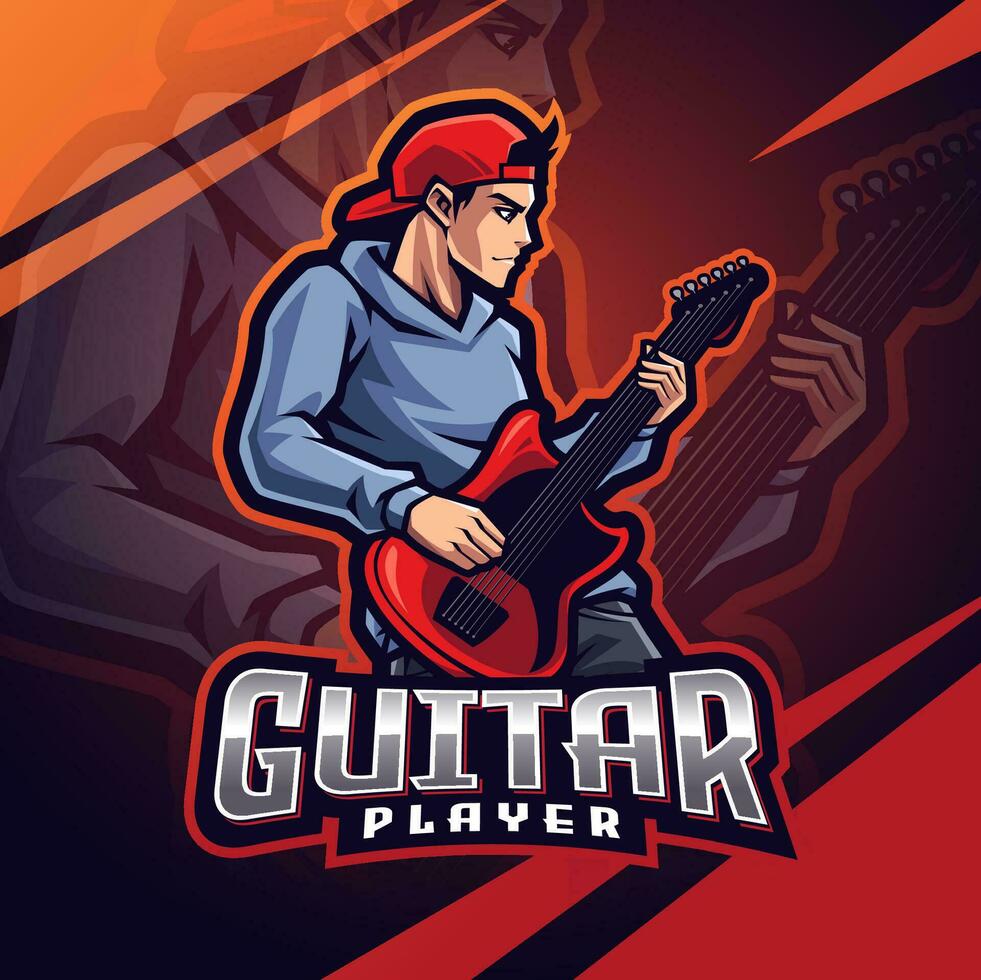 chitarra giocatore esport portafortuna logo design vettore