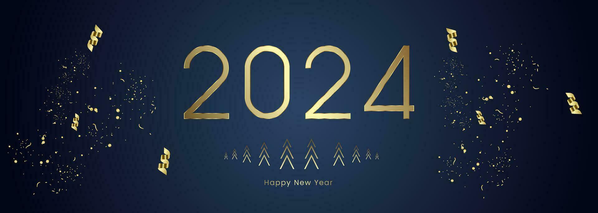 oro 2024 numero con nastri su buio pendenza blu sfondo, saluto carta concetto vettore, illusione. e un' bandiera di 2024 contento nuovo anno con oro nastri vettore