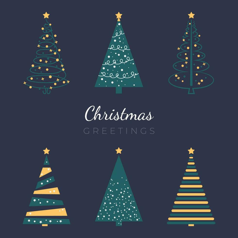 Natale saluti carta con decorativo geometrico nuovo anno alberi. verde e oro alberi nel un' semplice modulo. inverno vacanze minimalista design cartolina. piatto vettore illustrazione