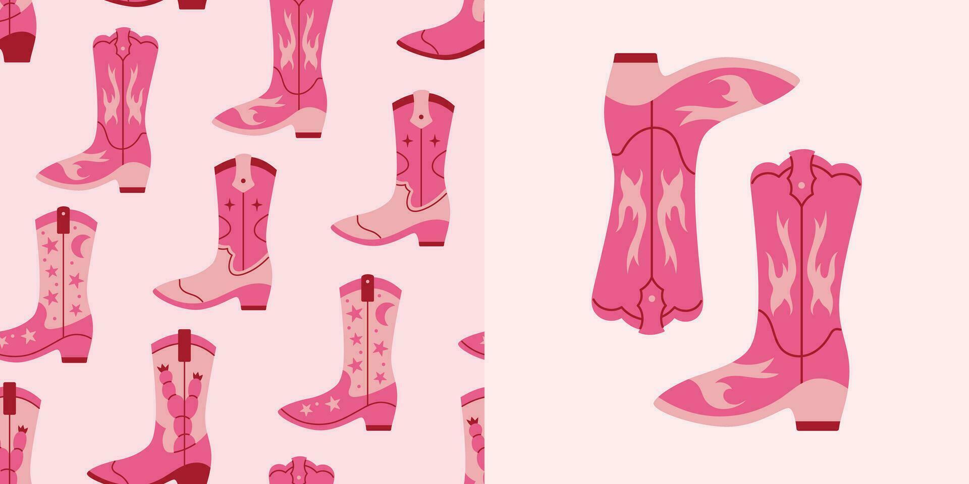 vettore senza soluzione di continuità modello e illustrazione con rosa retrò cowgirl stivali. y2k sfondo e carta con rosa cowboy moda stivali. Vintage ▾ occidentale design.