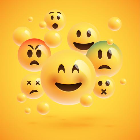 Un gruppo di un emoticon giallo realistico di fronte a uno sfondo giallo, illustrazione vettoriale