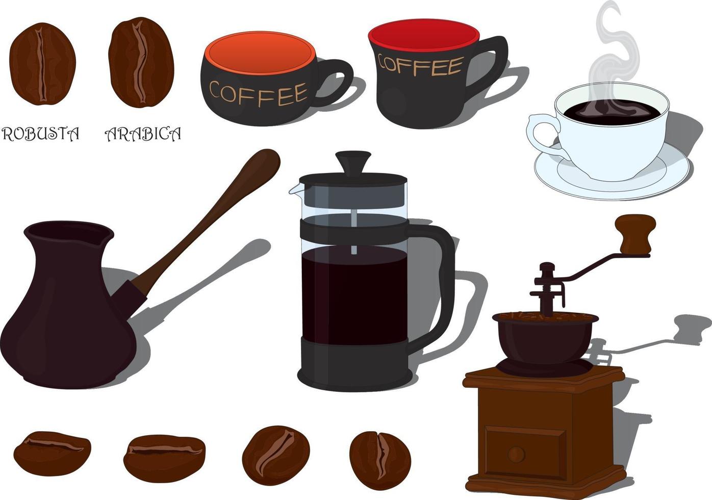 set di illustrazione vettoriale di chicchi di caffè e bevanda
