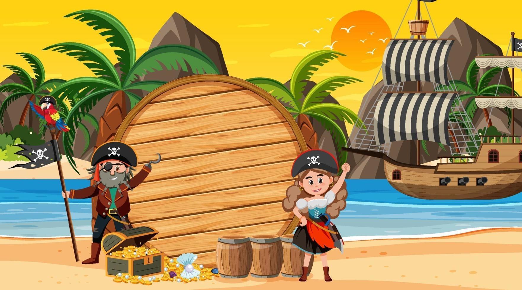 modello di banner vuoto con bambini pirati sulla scena del tramonto sulla spiaggia vettore