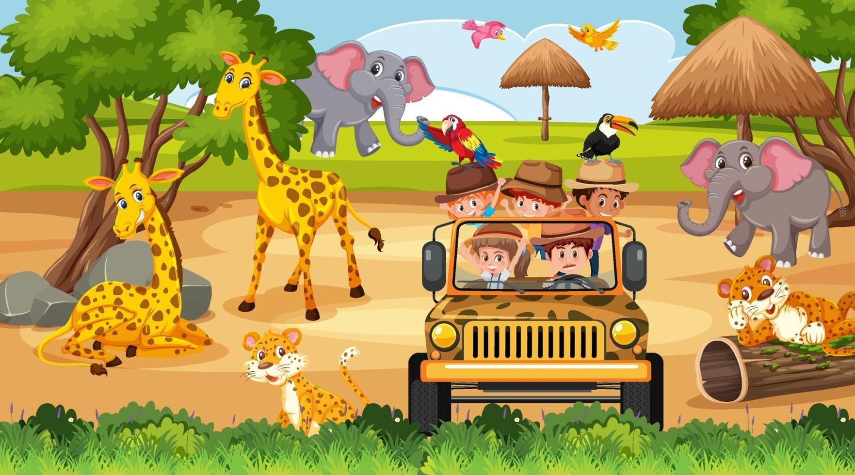 scena di safari con bambini su un'auto turistica che guardano gli animali vettore