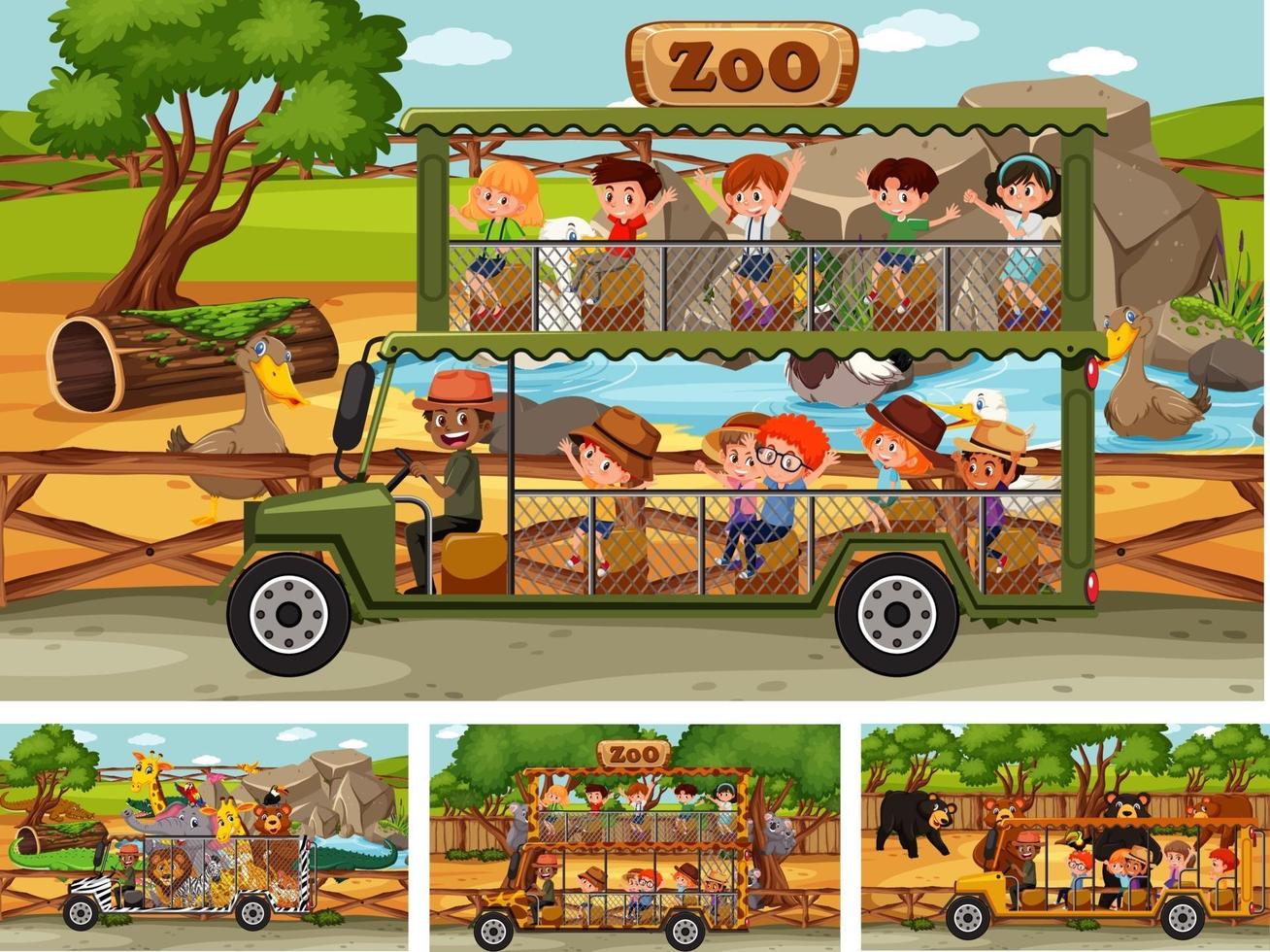 diverse scene di safari con animali e personaggi dei cartoni animati per bambini vettore