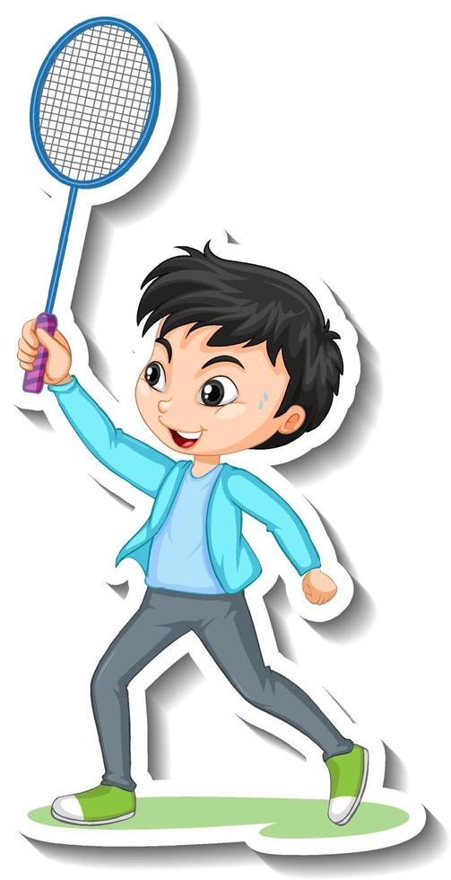 adesivo personaggio dei cartoni animati con un ragazzo che gioca a badminton vettore