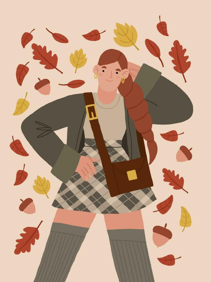 bellissimo sorridente ragazza indossare scuola uniforme con scuola Borsa. adolescente ragazza illustrazione su beige con autunno le foglie e ghiande vettore