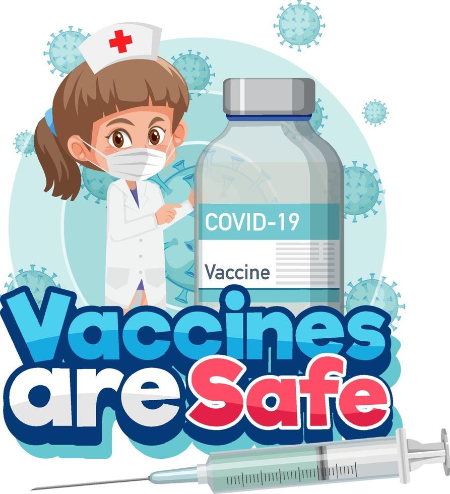 il concetto di coronavirus con personaggio dei cartoni animati e i vaccini sono font sicuri vettore