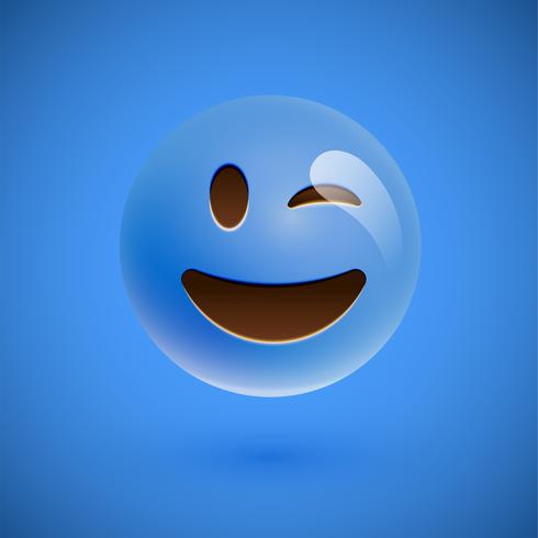 Emoticon realistico blu faccina sorridente, illustrazione vettoriale