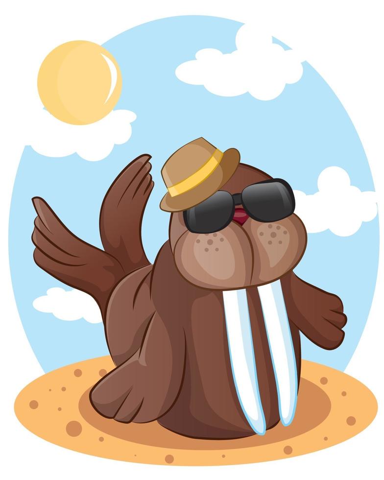 illustrazione di tricheco simpatico cartone animato con gli occhiali sulla spiaggia vettore