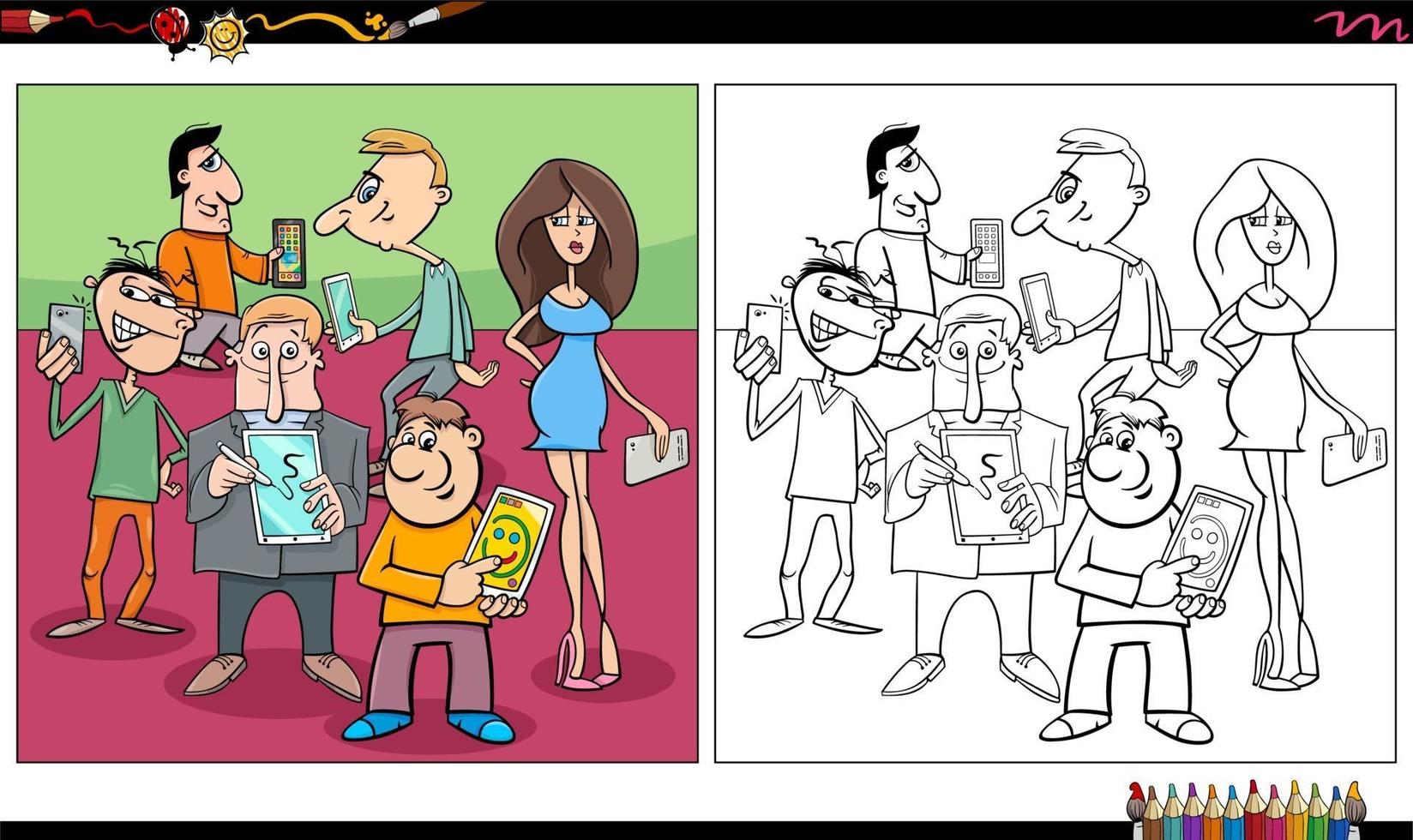 cartone animato persone con telefoni e tablet libro da colorare pagina vettore