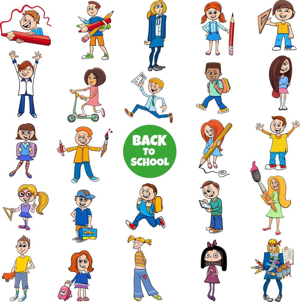 ritorno a scuola con personaggi dei cartoni animati per bambini vettore