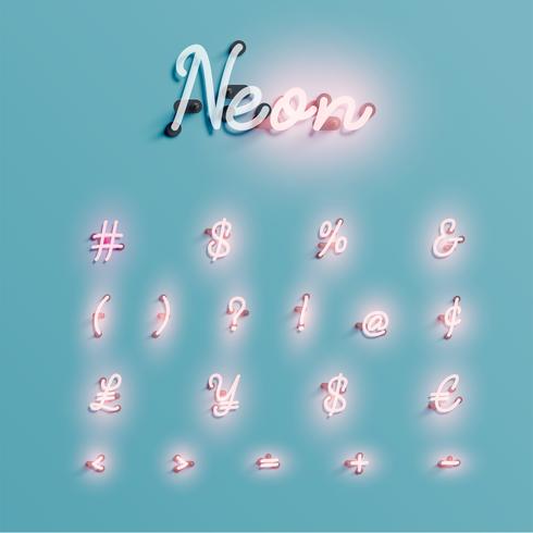 Set di caratteri al neon realistico, illustrazione vettoriale