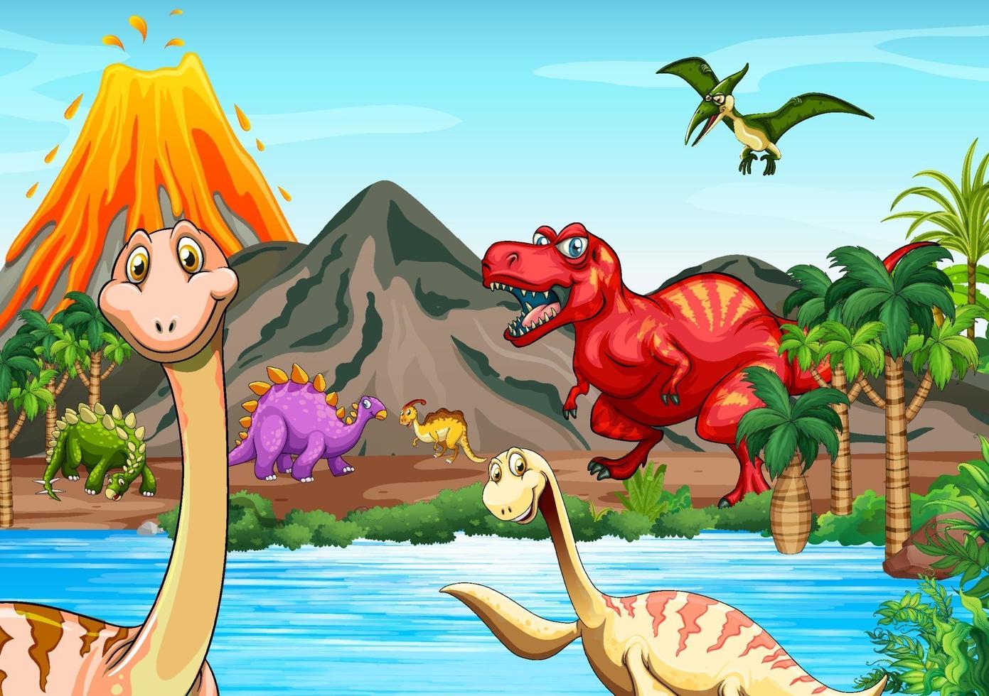 scena del paesaggio preistorico con vari dinosauri vettore