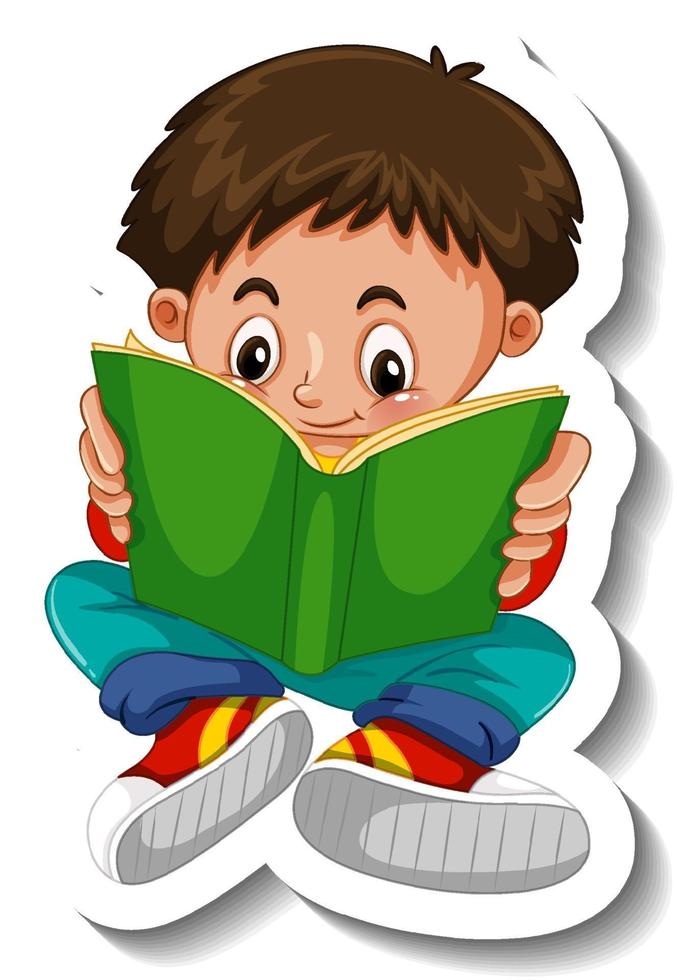 modello di adesivo con un ragazzo che legge un personaggio dei cartoni animati del libro isolato vettore