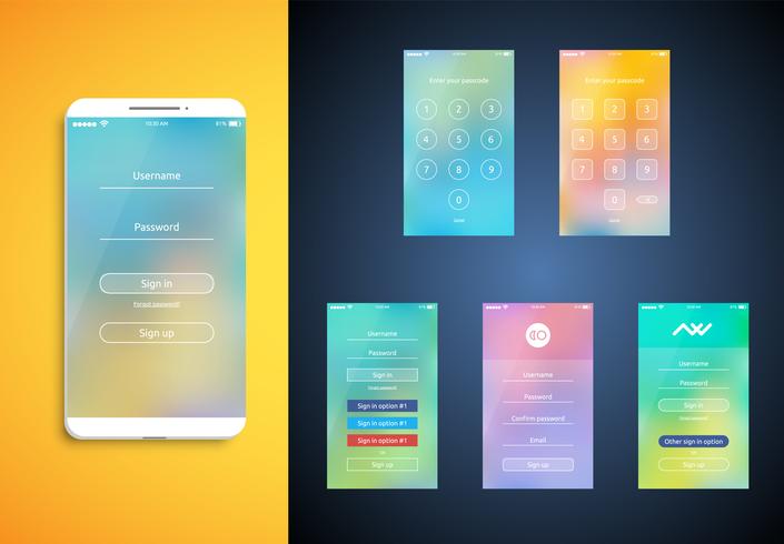 Set UI semplice e colorato per smartphone - schermata di login, illustrazione vettoriale