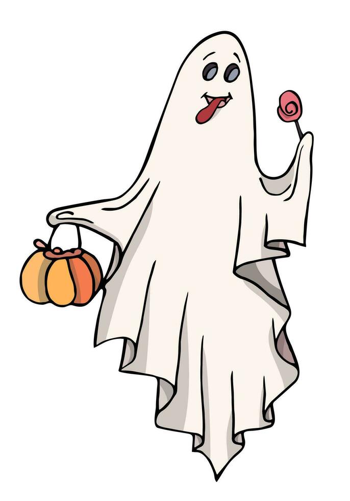 carino fantasma isolato, cartone animato fantasmi, spaventoso vettore, carino scarabocchio carattere, Halloween divertente spirito con caramella e zucca vettore