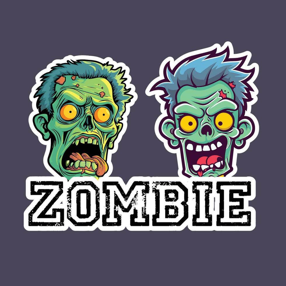 zombie etichetta impostato con Due cartone animato zombie teste vettore