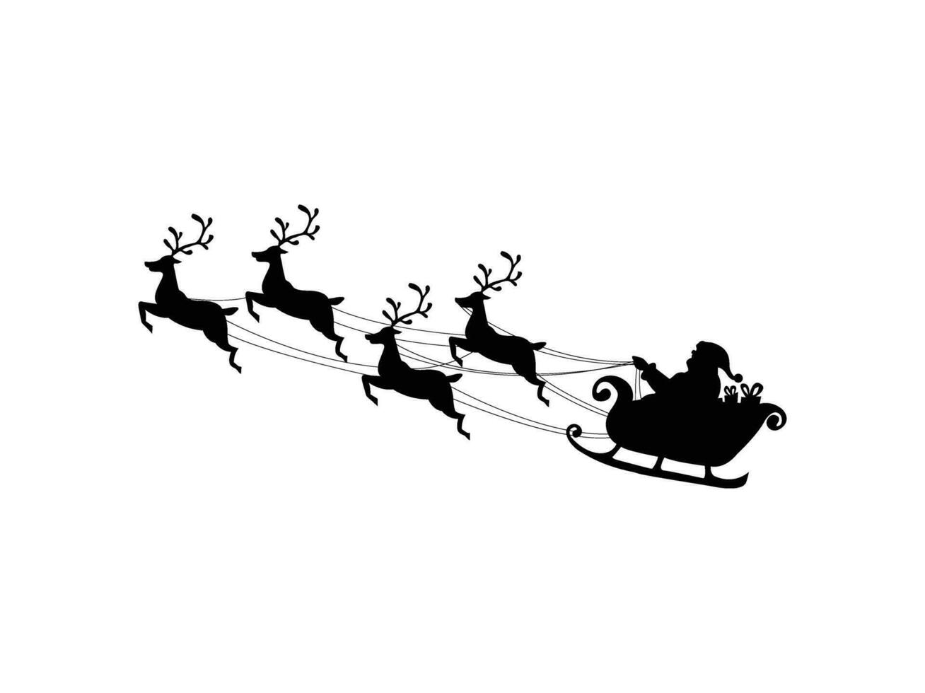 Santa Claus volante con renna slitta nero silhouette simbolo di Natale vettore
