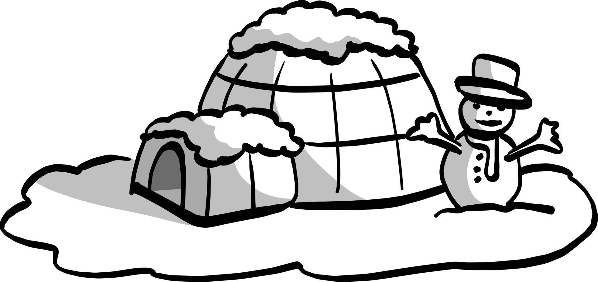 igloo con illustrazione vettoriale di pupazzo di neve