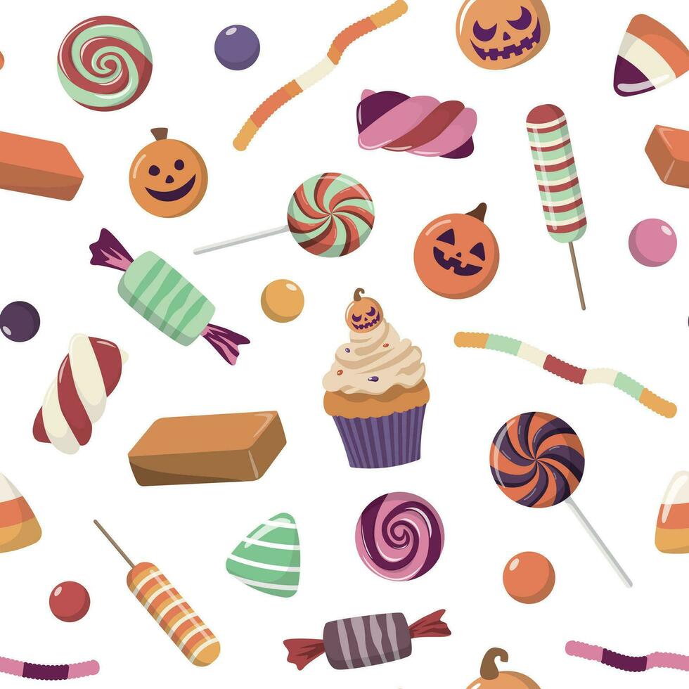 Halloween dolci e caramelle modello nel pastello colori. vettore sfondo con Halloween caramelle. molti tipi di spaventoso dolci. isolato su bianca sfondo. mano disegnato delizioso dolci.
