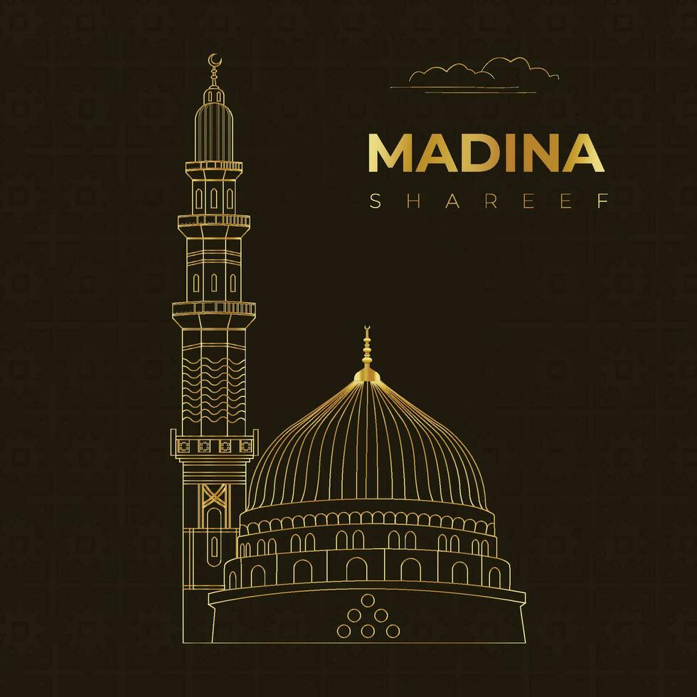 Masjid nabawi nel Madina tino nabi linea arte nel d'oro stile vettore illustrazione, isolato su sfondo