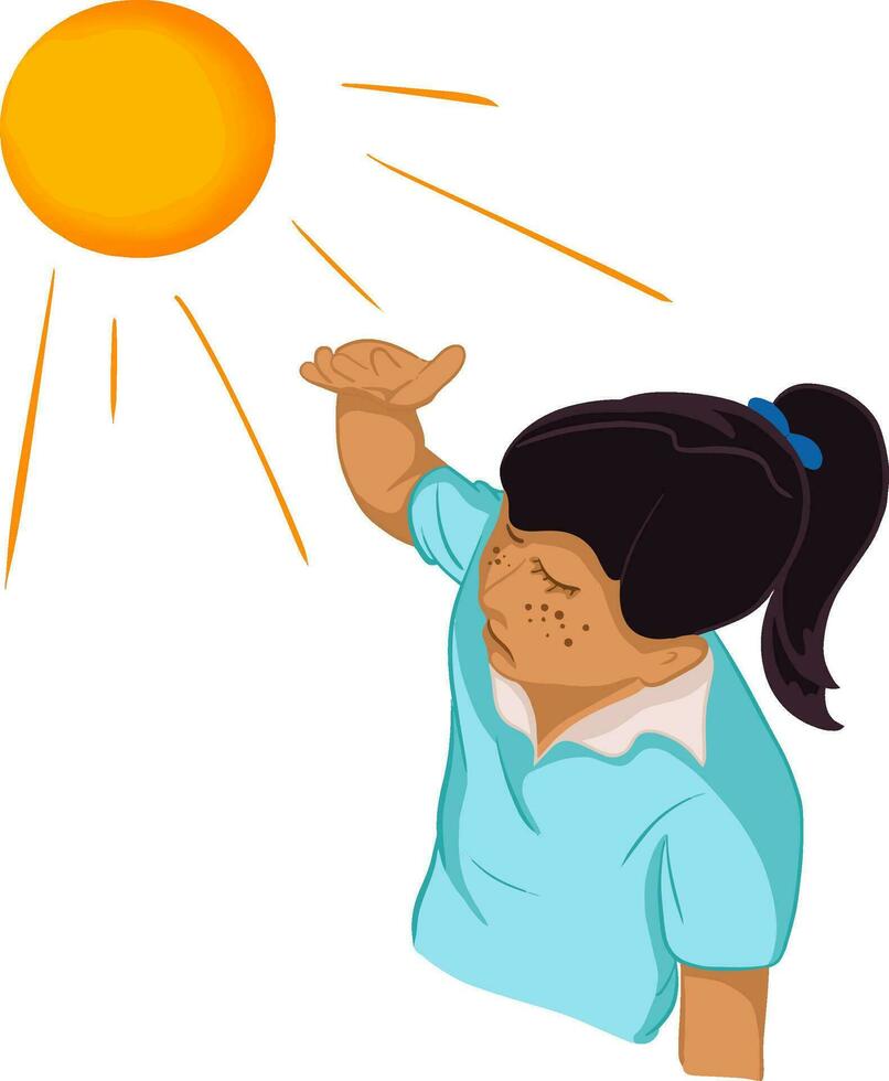cartone animato disegno di un' donna esposto per il caldo sole durante il giorno. cura della pelle i problemi e Salute concetti. rughe, macchie, buio macchie, lentiggini, asciutto pelle, buio pelle tono su il viso. vettore