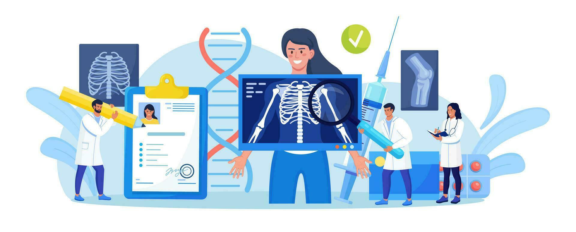 donna in piedi dietro a X raggio macchina per visita medica di il petto. raggi X medico diagnostica, ossatura scheletro verifica. radiologia corpo scanner per diagnosi paziente patologia. roentgen di il petto osso vettore