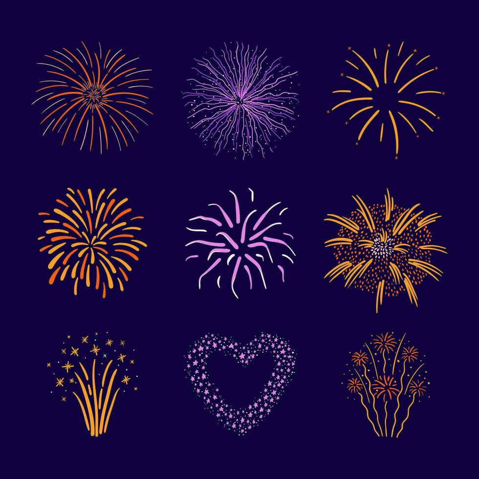 mano disegnato impostato di fuochi d'artificio. Festival fuoco d'artificio esplosioni, colorato scoppiare vettore illustrazione. design elementi per Diwali Festival, nuovo anno