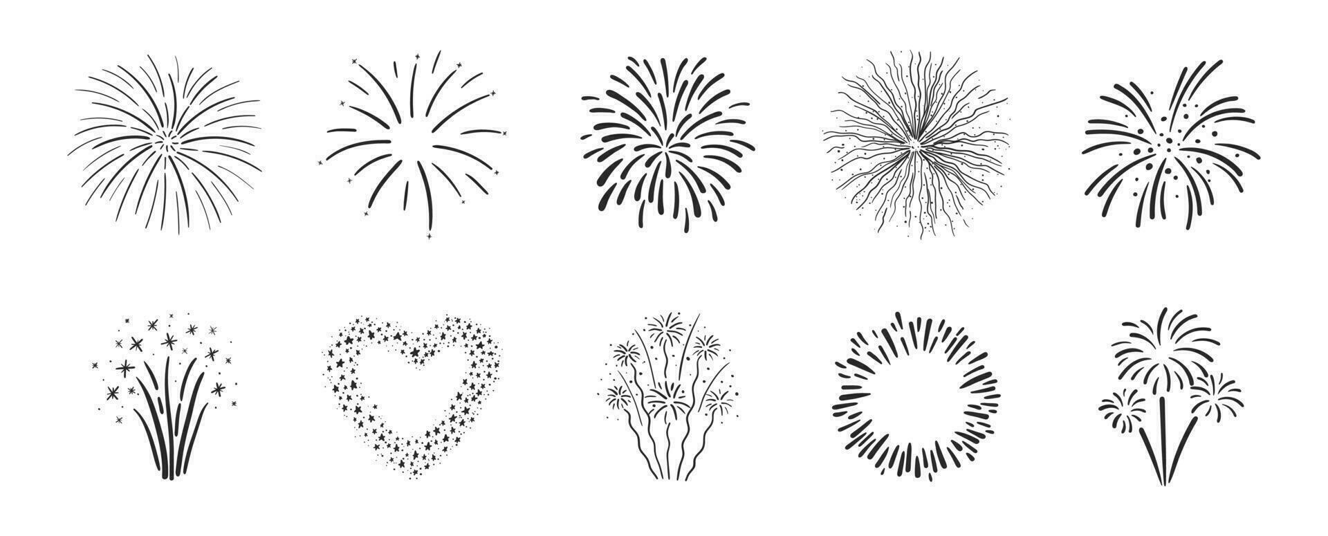 mano disegnato monocromatico fuochi d'artificio impostare. Festival fuoco d'artificio esplosioni, nero e bianca scoppiare illustrazione vettore