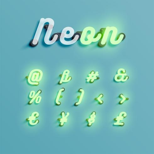 Set di caratteri al neon realistico, illustrazione vettoriale