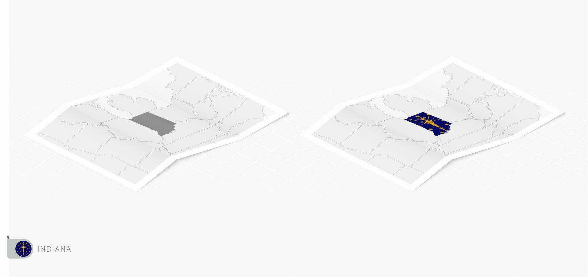 impostato di Due realistico carta geografica di Indiana con ombra. il bandiera e carta geografica di Indiana nel isometrico stile. vettore