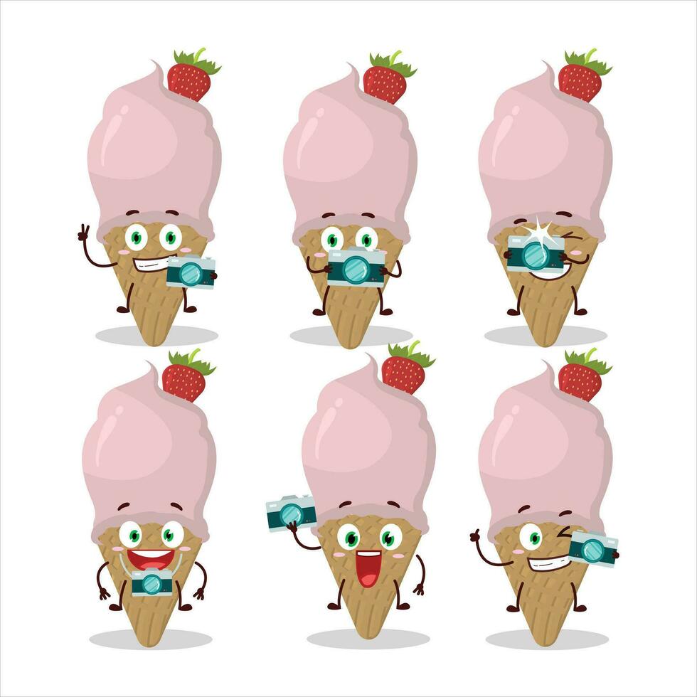 fotografo professione emoticon con ghiaccio crema fragola cartone animato personaggio vettore