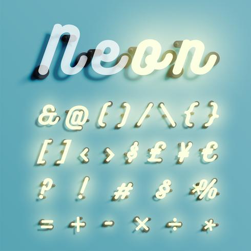 Set di caratteri al neon realistico, illustrazione vettoriale