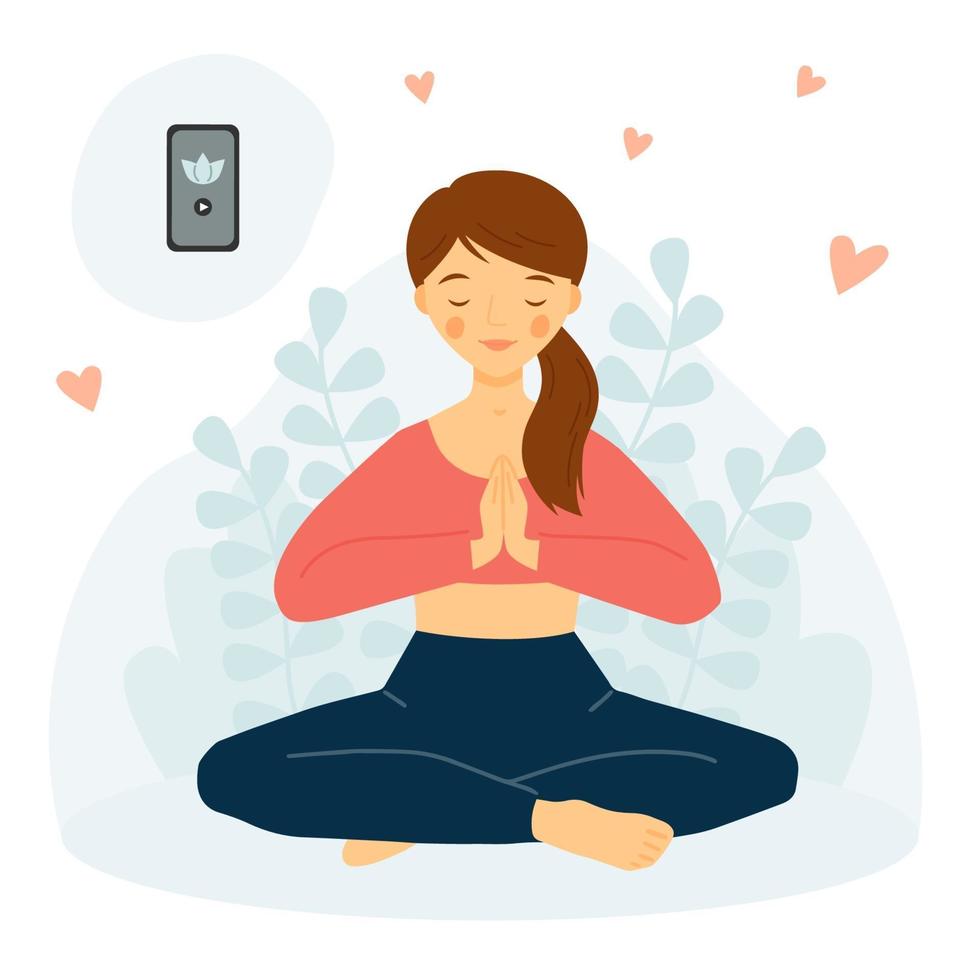 la ragazza pratica lo yoga con il telefono. app per dispositivi mobili yoga. vettore