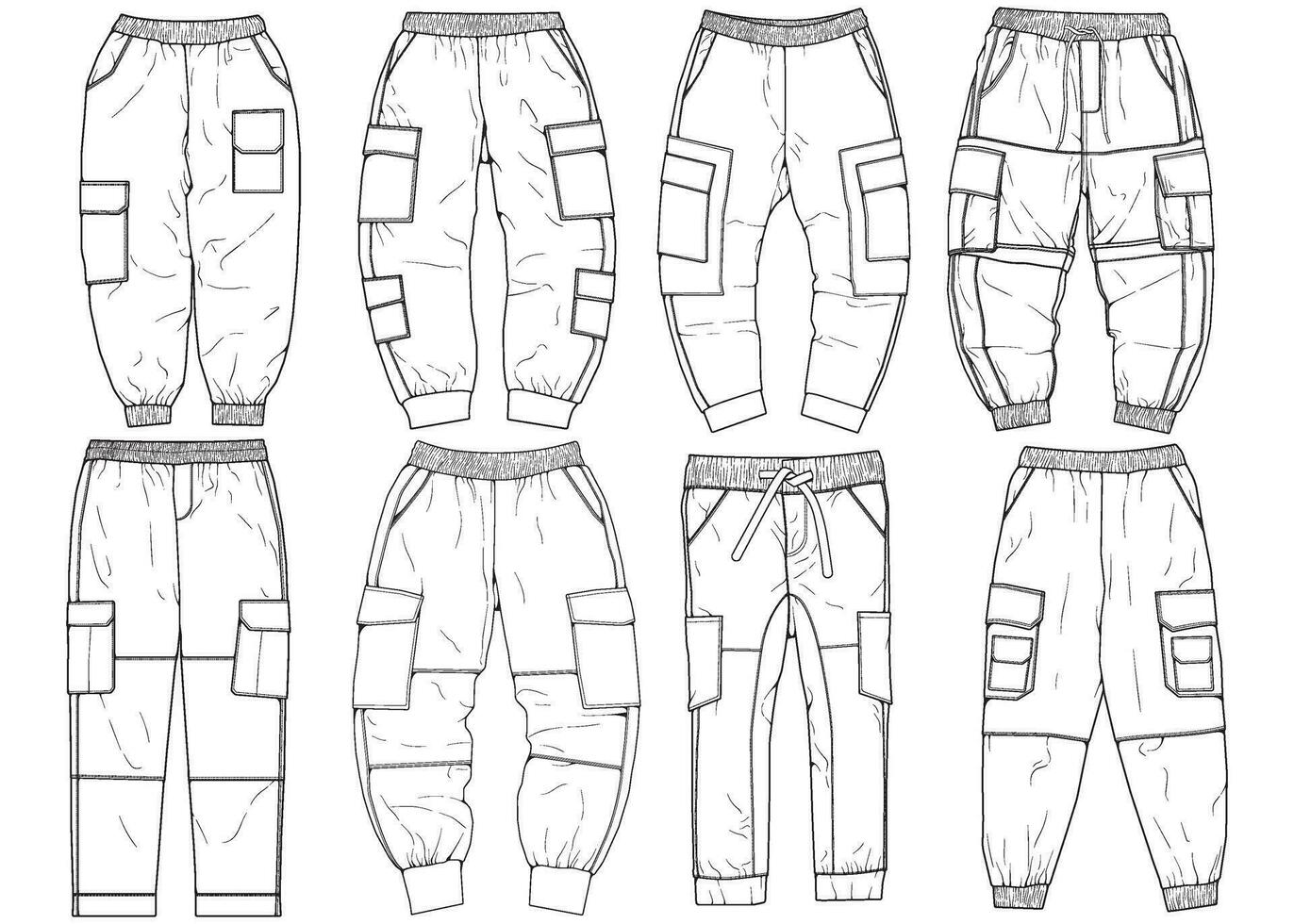 carico pantaloni moda mano disegno tecnico modello. carico tasca moda modello per addestramento. vettore