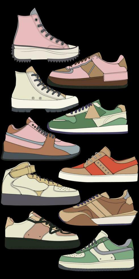 impostato di scarpe sneaker disegno vettore, scarpe da ginnastica disegnato nel un' schizzo stile, impacchettare scarpe da ginnastica formatori modello, vettore illustrazione.